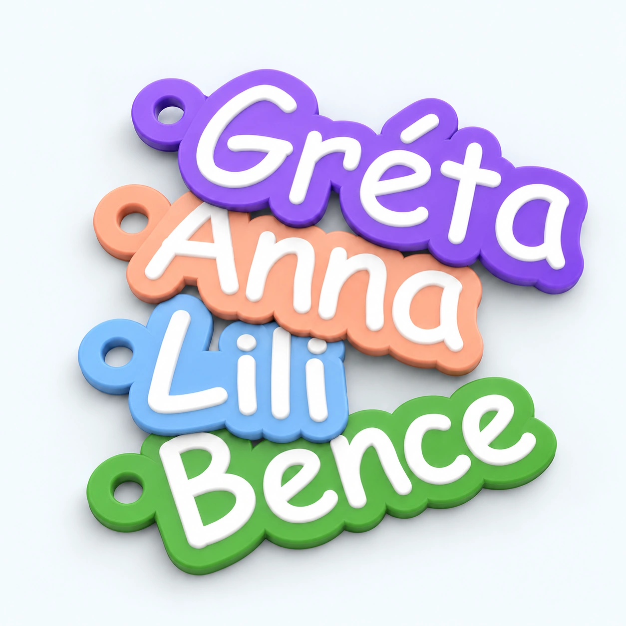 Színes névre szóló kulcstartók: Gréta, Anna, Lili és Bence