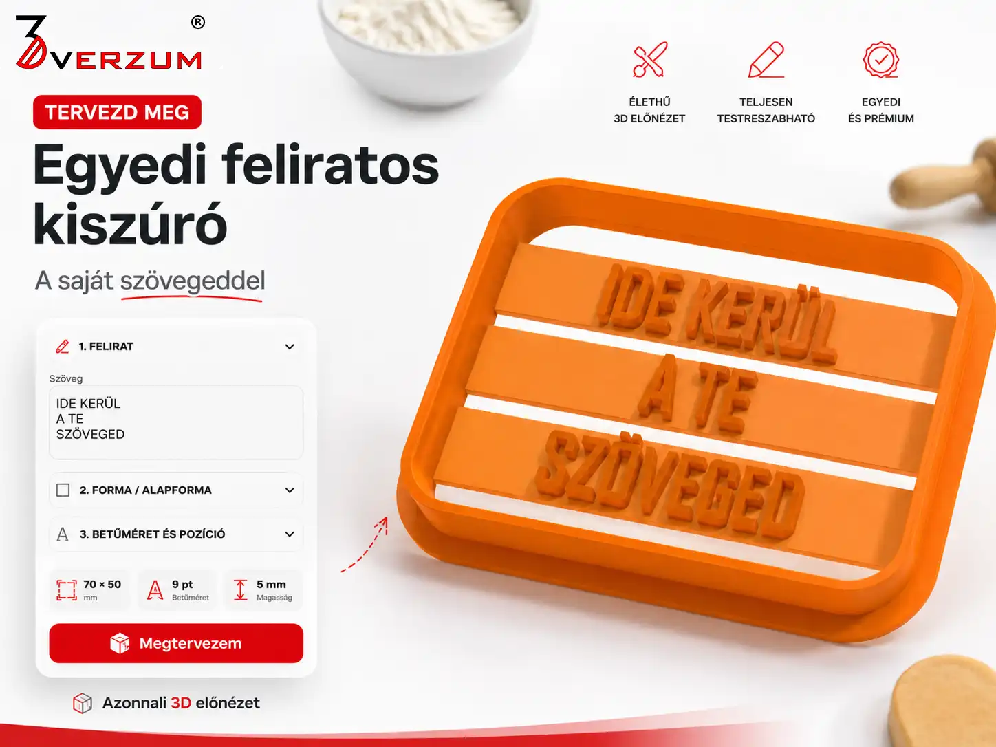 Egyedi feliratos kiszúró online tervező és 3D előnézet